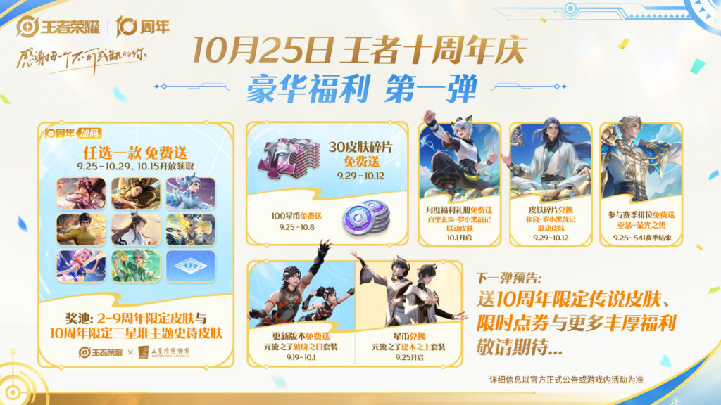 王者荣耀十周年庆福利第一弹