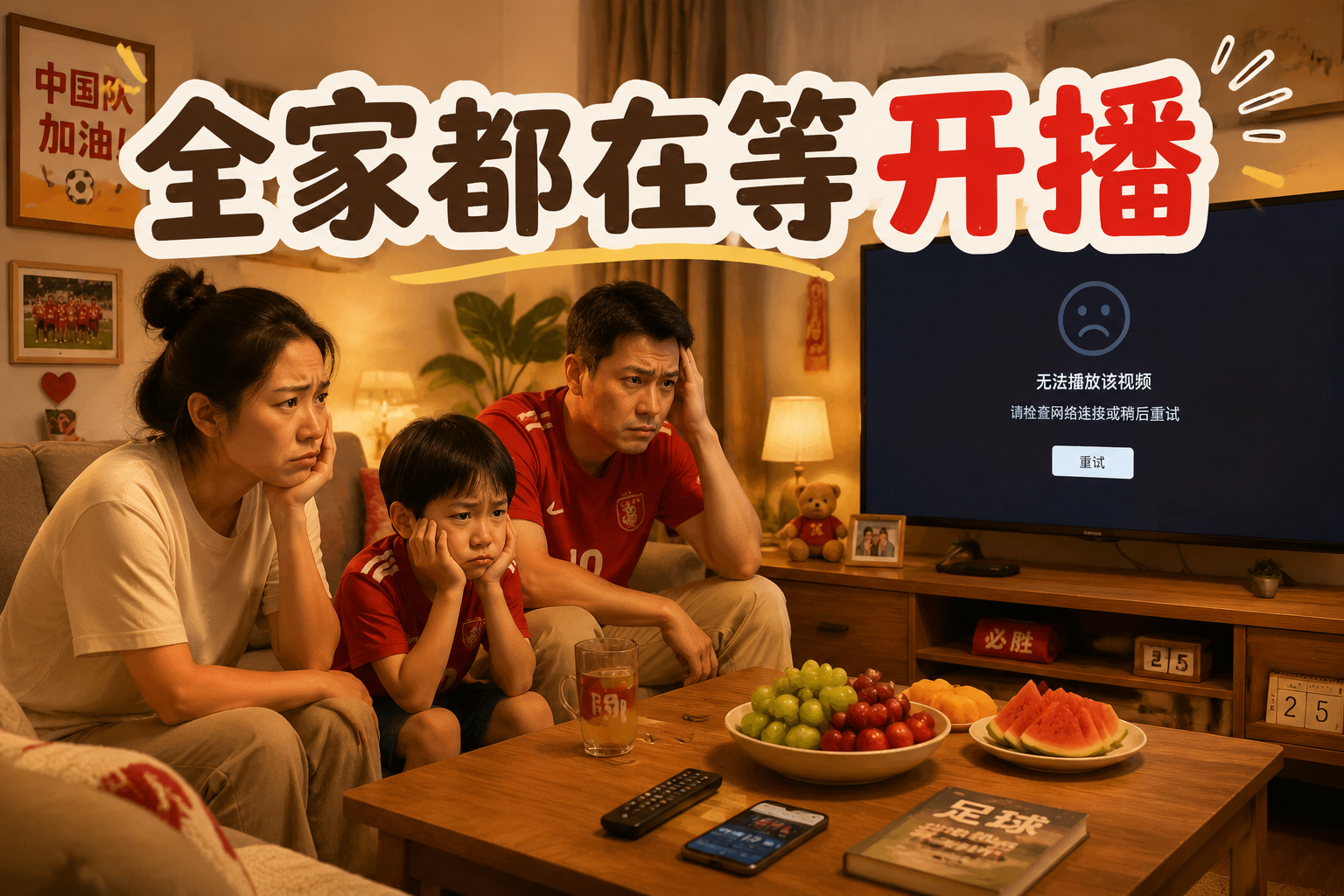 一家人在客厅看电视遇到缓冲提示